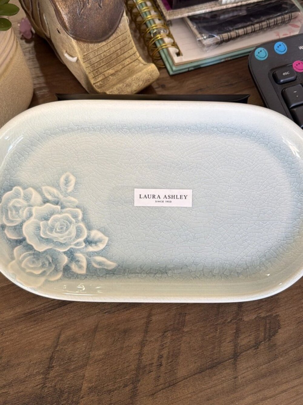 Laura Ashley Light Blue Ceramic Vanity Tray, Rose Pattern, Crackle Glaze Finish